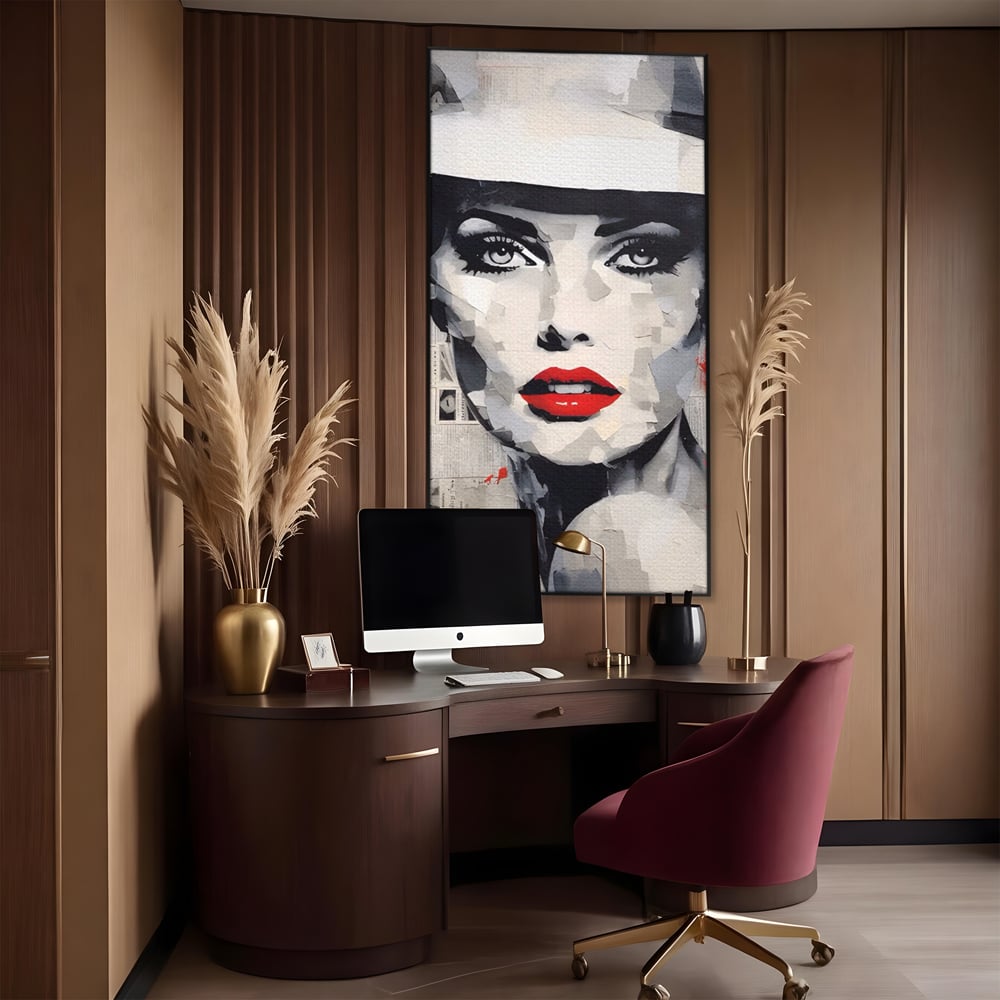 Tablou canvas cu tablou portret femeie cu buze rosii, in rama de aluminiu negru, pe perete intr-un birou